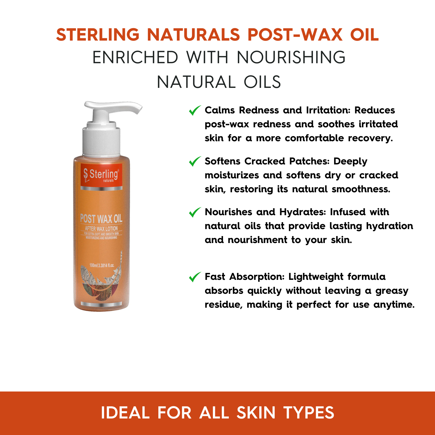 Sterling Naturals Post-Wax Oil | Calms Redness and Area Post Waxing, Softens Cracked Patches (100ml)