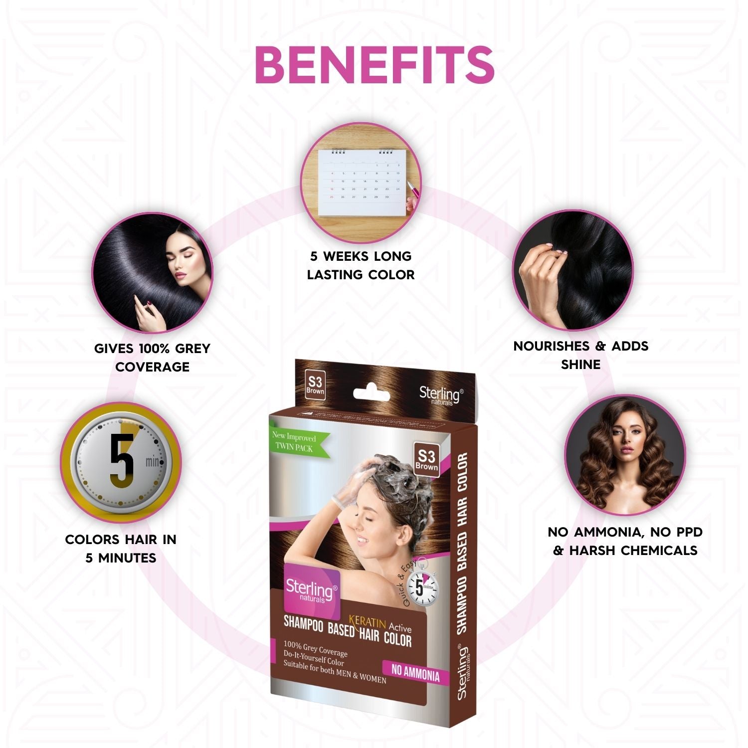 Sterling Naturals Hair Color Shampoo - Brown | Quick & Easy Grey Coverage in 15 Mins (25ml + 25ml)