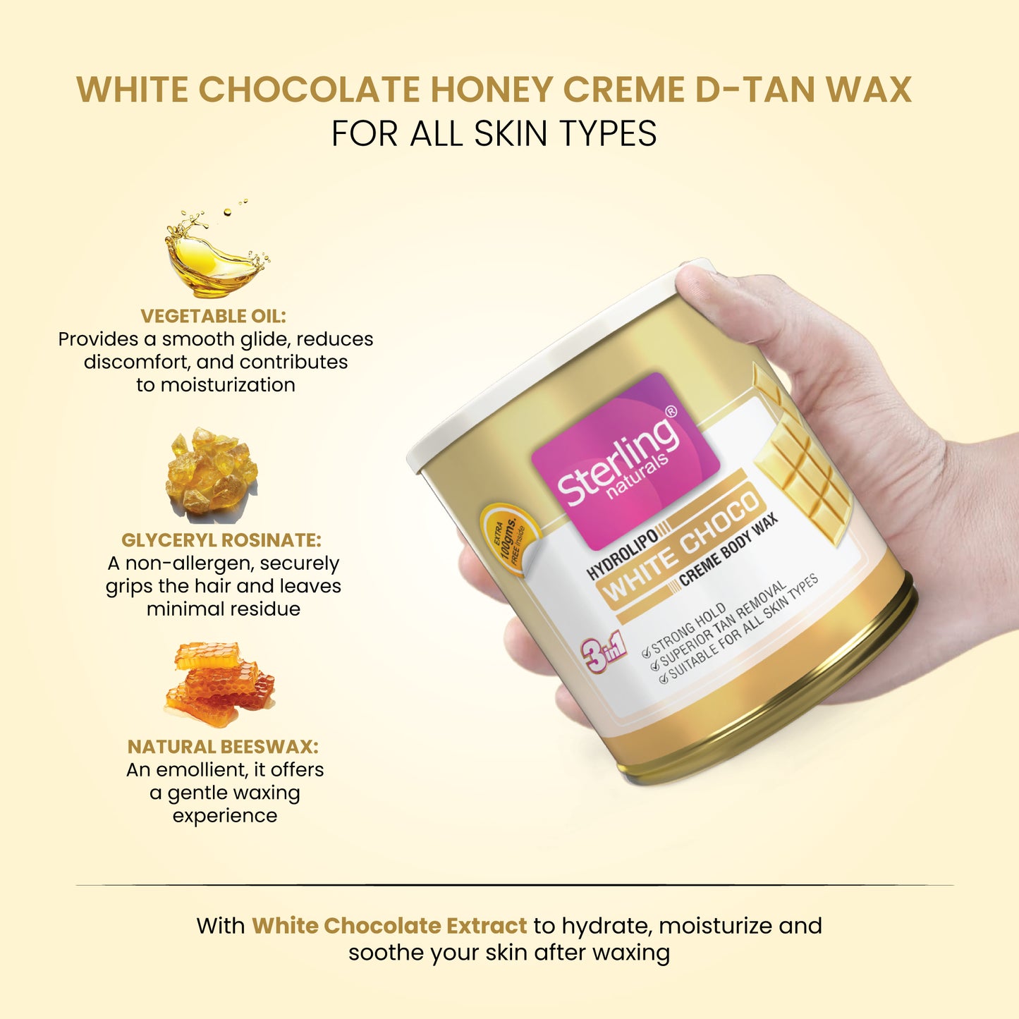 White Chocolate Honey Crème D-Tan Wax | For Smooth & Less Painful Hair Removal (700g)