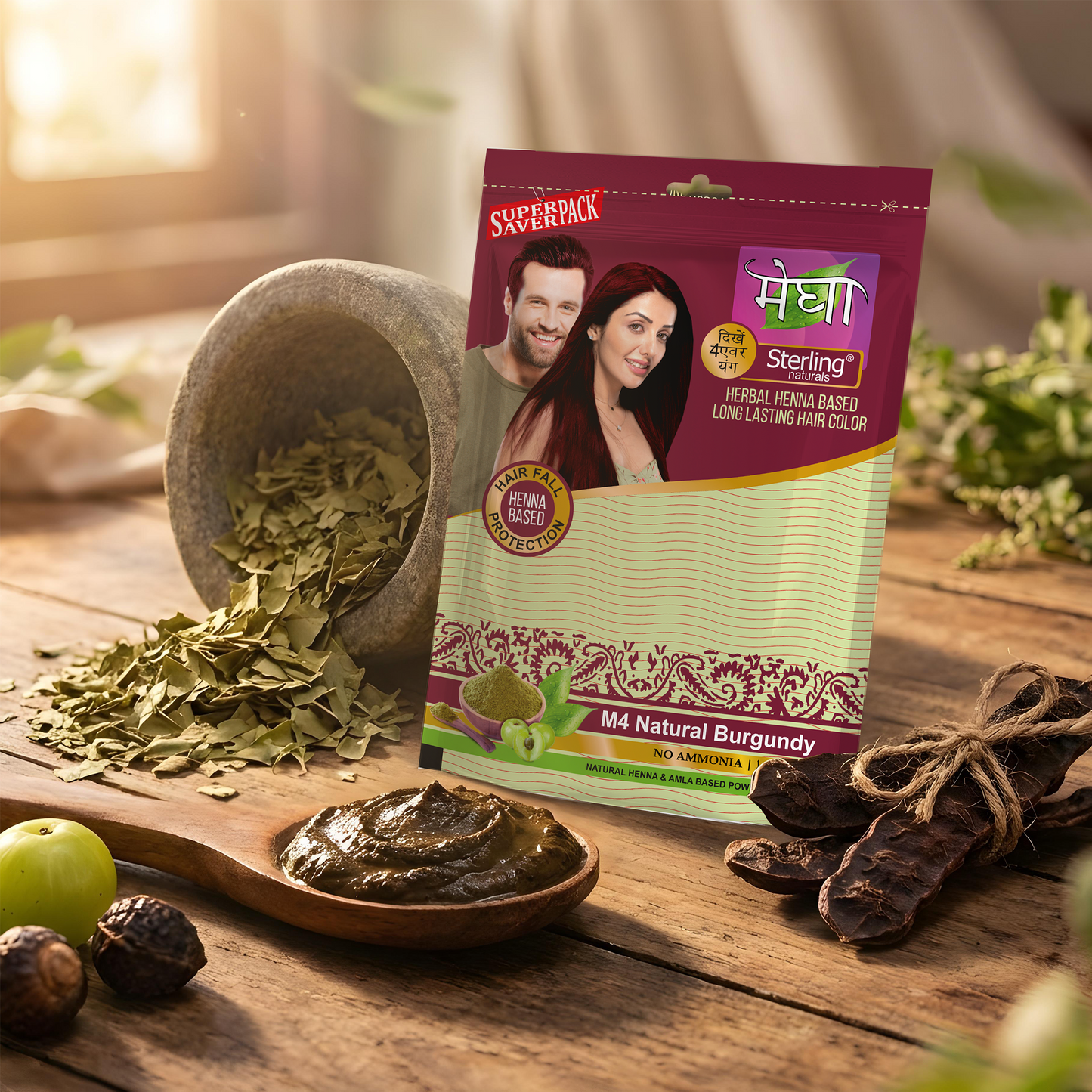 Megha Henna Based Hair Color - Natural Burgundy | With Organically Grown Henna & Amla (45g)