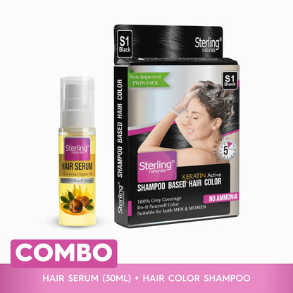 Sterling Naturals Hair Color Shampoo + Moroccan Argan Oil Hair Serum (30 ml) – Instant Grey Coverage + 10× Frizz Control & 24‑Hour Shine