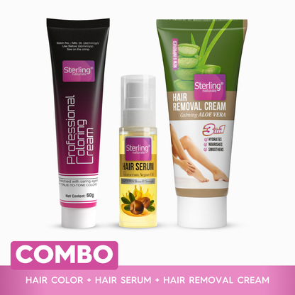 Total Hair & Skin Care Combo – Argan Oil Serum for Shine (30ml), Velvety Rose Hair Removal Cream (60g) + Professional Hair Dye Cream (60g) - Black