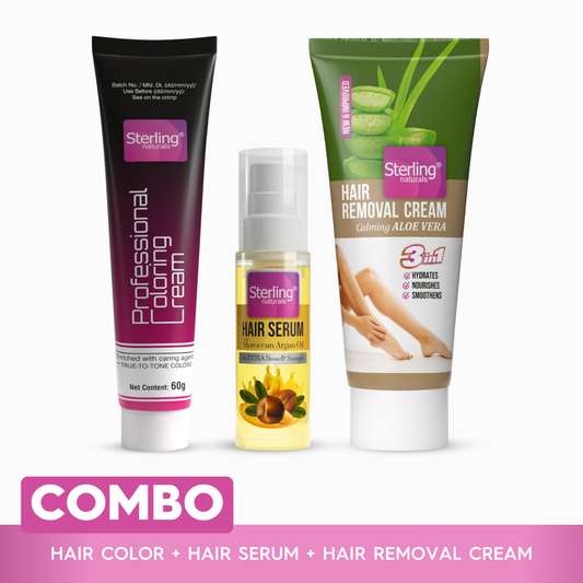 Total Hair & Skin Care Combo – Argan Oil Serum for Shine (30ml), Velvety Rose Hair Removal Cream (60g) + Professional Hair Dye Cream (60g) - Black