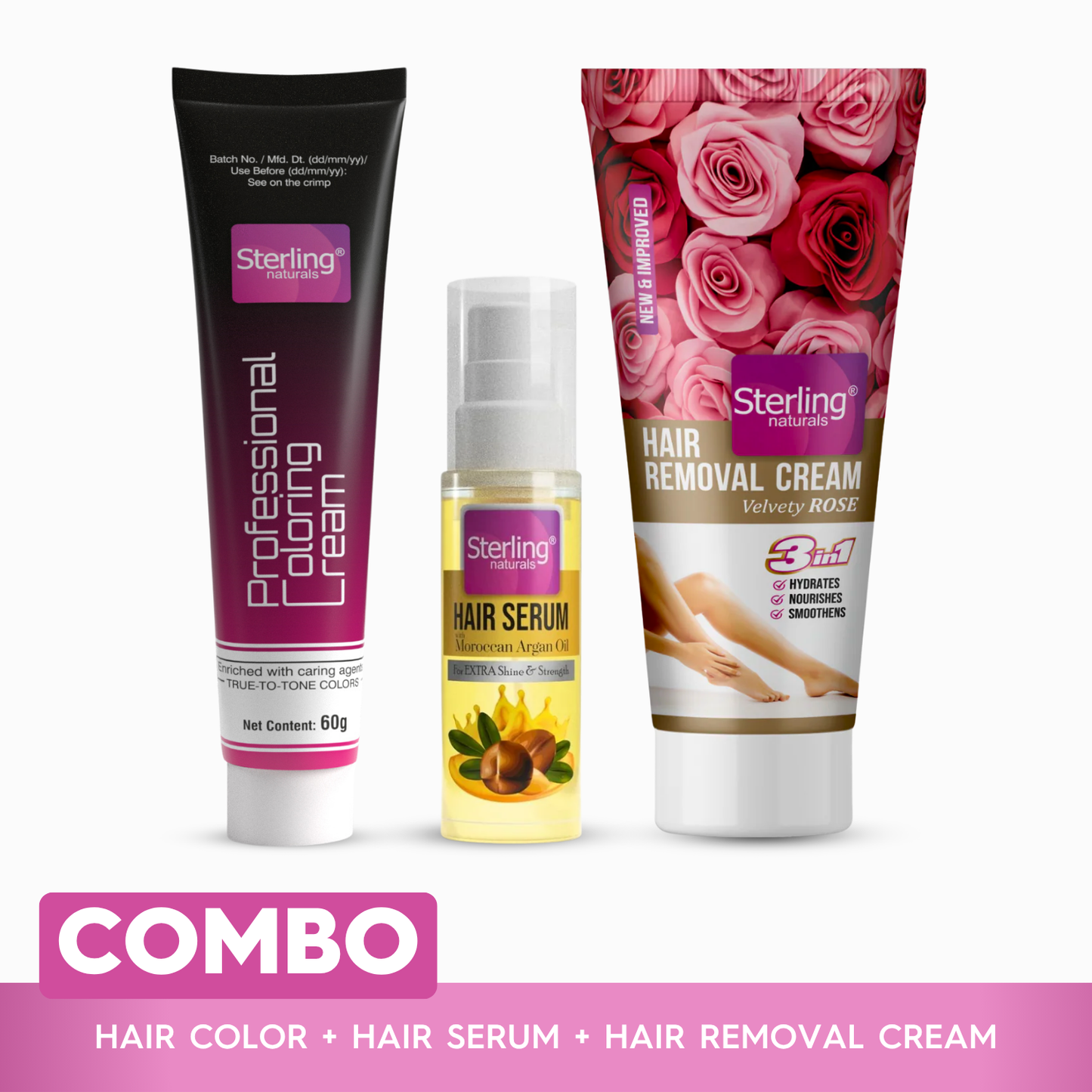 Total Hair & Skin Care Combo – Argan Oil Serum for Shine (30ml), Rose Hair Removal Cream (60g) + Professional Hair Dye Cream (60g) - Black