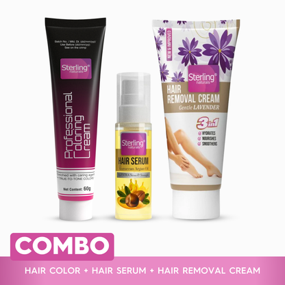 Total Hair & Skin Care Combo – Argan Oil Serum for Shine (30ml), Lavender Hair Removal Cream (60g) + Professional Hair Dye Cream (60g) - Black