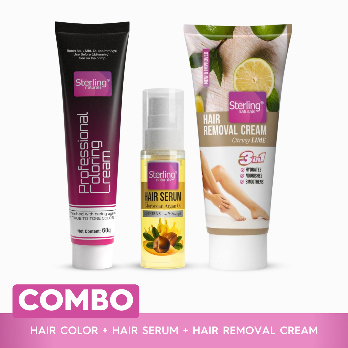Total Hair & Skin Care Combo – Argan Oil Serum for Shine(30ml), Lime Hair Removal Cream (60g) + Professional Hair Dye Cream (60g) - Black