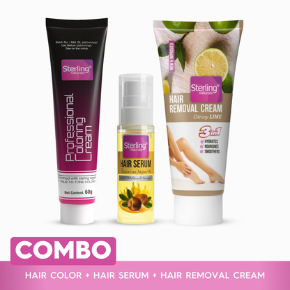 Total Hair & Skin Care Combo – Argan Oil Serum for Shine(30ml), Lime Hair Removal Cream (60g) + Professional Hair Dye Cream (60g) - Black