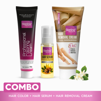 Total Hair & Skin Care Combo – Argan Oil Serum for Shine (30ml), Sandalwood Hair Removal Cream (60g) + Professional Hair Dye Cream (60g) - Black
