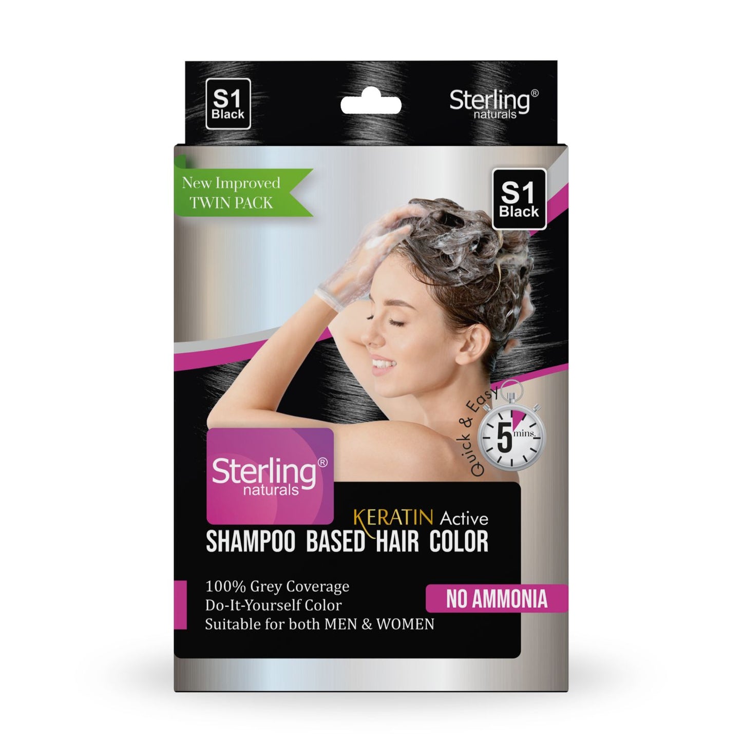 Sterling Naturals Hair Color Shampoo - Black | Quick & Easy Grey Coverage in 5 Mins (25ml + 25ml)