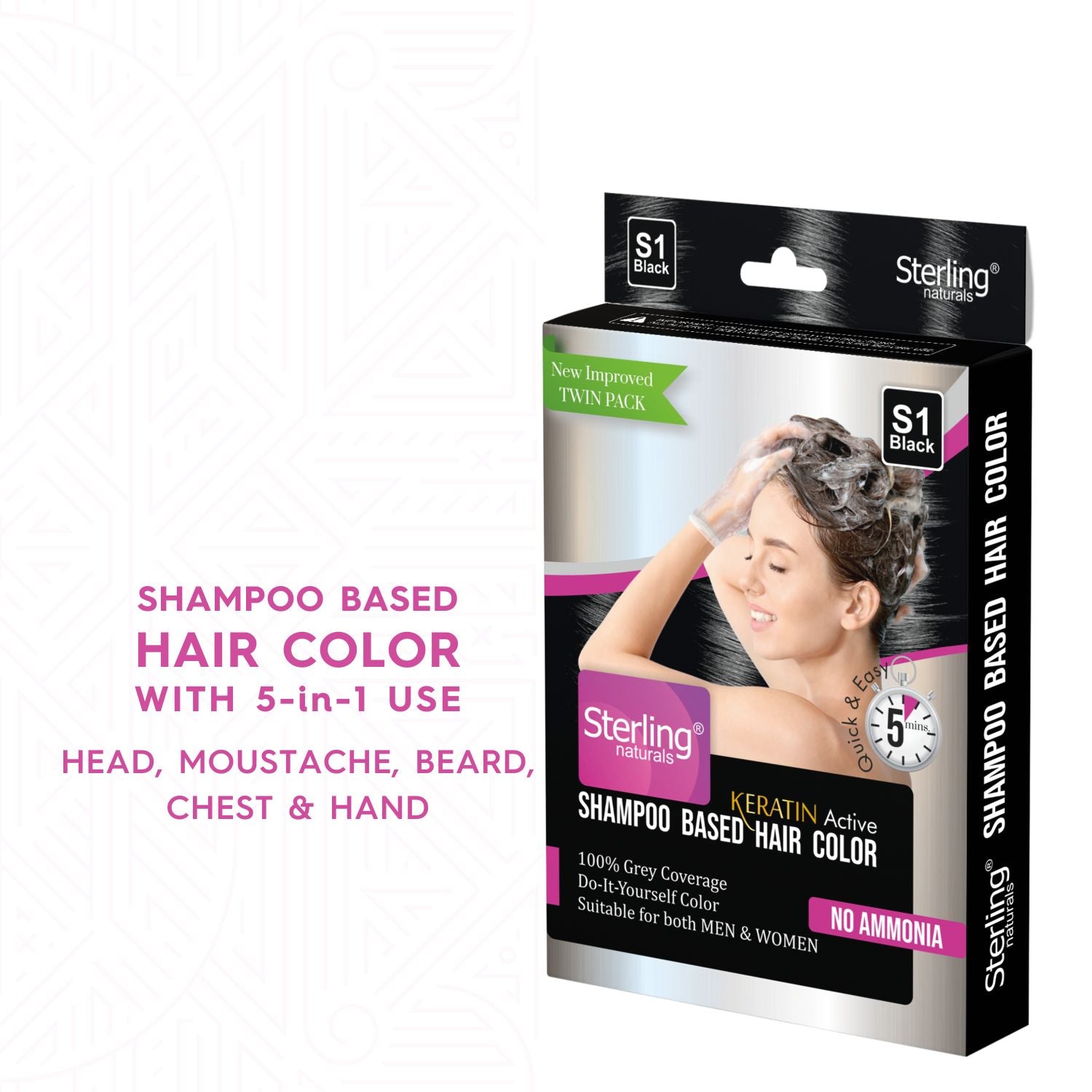 Sterling Naturals Hair Color Shampoo - Black | Quick & Easy Grey Coverage in 15 Mins (25ml + 25ml)