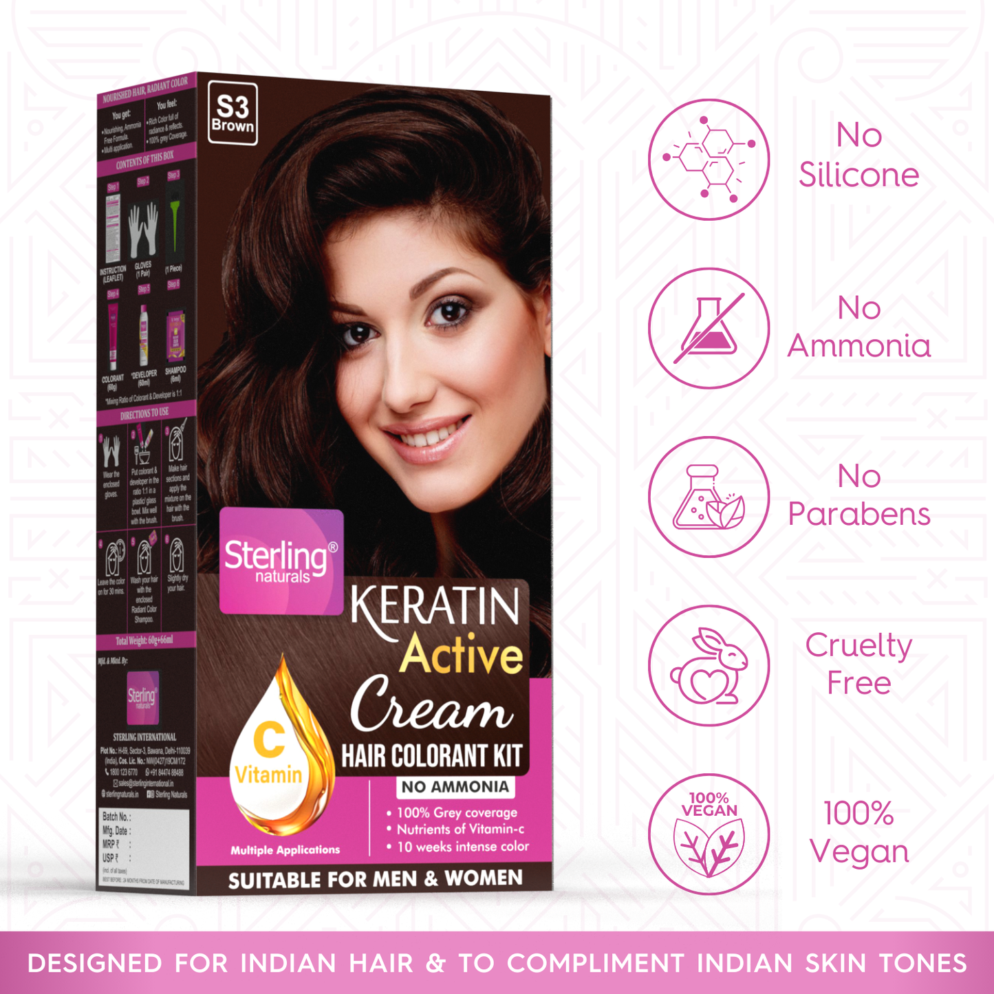 Ammonia-Free Cream Hair Color - Rich Brown | Flawless Salon-like Hair Color At Your Home (60g & 66ml)