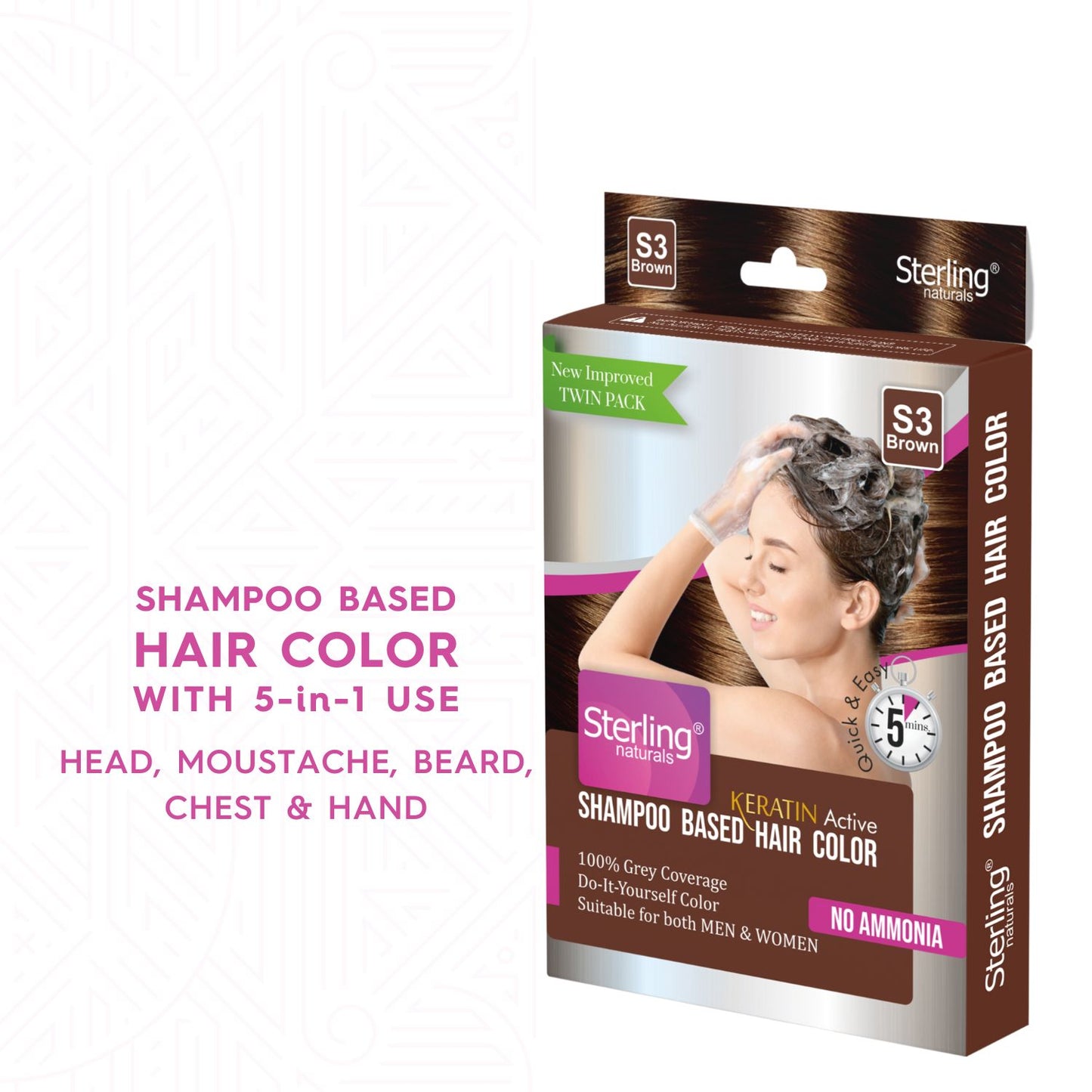 Sterling Naturals Hair Color Shampoo - Brown | Quick & Easy Grey Coverage in 5 Mins (25ml + 25ml)