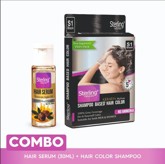 Sterling Naturals Hair Color Shampoo + Moroccan Argan Oil Hair Serum (30 ml) – Instant Grey Coverage + 10× Frizz Control & 24‑Hour Shine