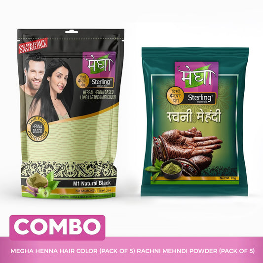Megha Henna-Based Hair Color (Natural Black) - 5 x 45g + Rachni Herbal Henna Powder – 5 x 25g | Nourishing Combo for Long-Lasting Natural Color & Healthy Hair