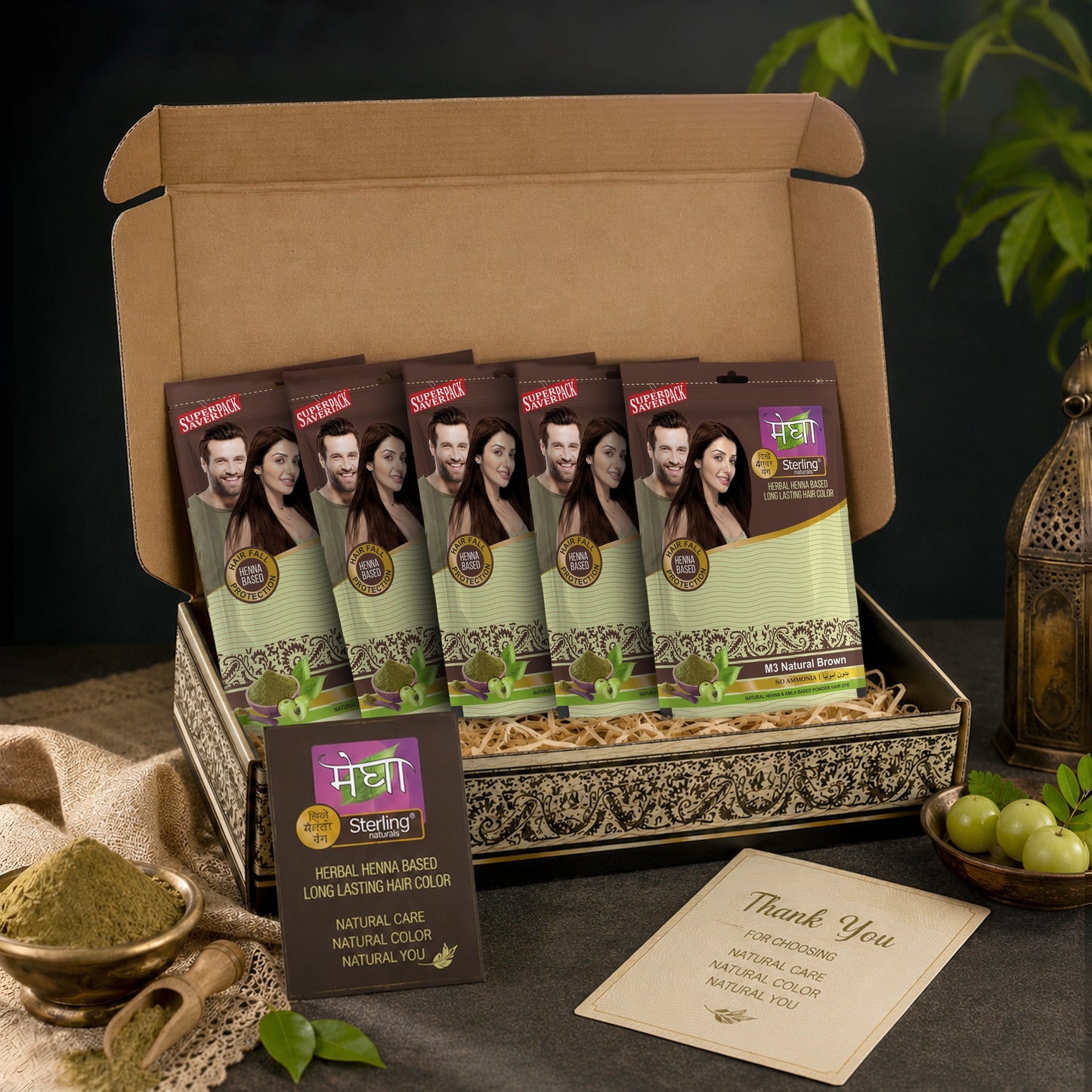 Megha Henna Based Hair Color (Pack of 5) - Natural Brown | With Organically Grown Henna & Amla (45g) each