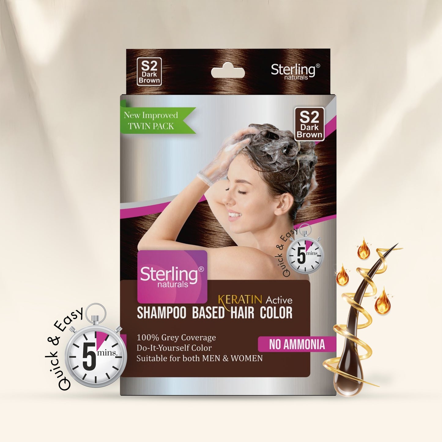 Sterling Naturals Hair Color Shampoo - Dark Brown | Quick & Easy Grey Coverage in 5 Mins (25ml + 25ml)
