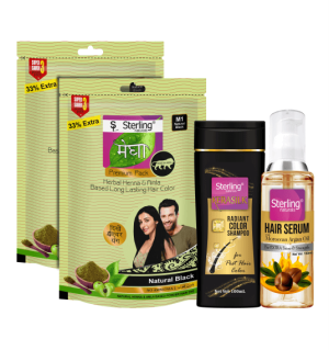 Hair Combo Pack of 4 - Hair Serum+Kerasilk Radiant Shampoo+2 Megha Mehandi 45G (Shade M1-Black)